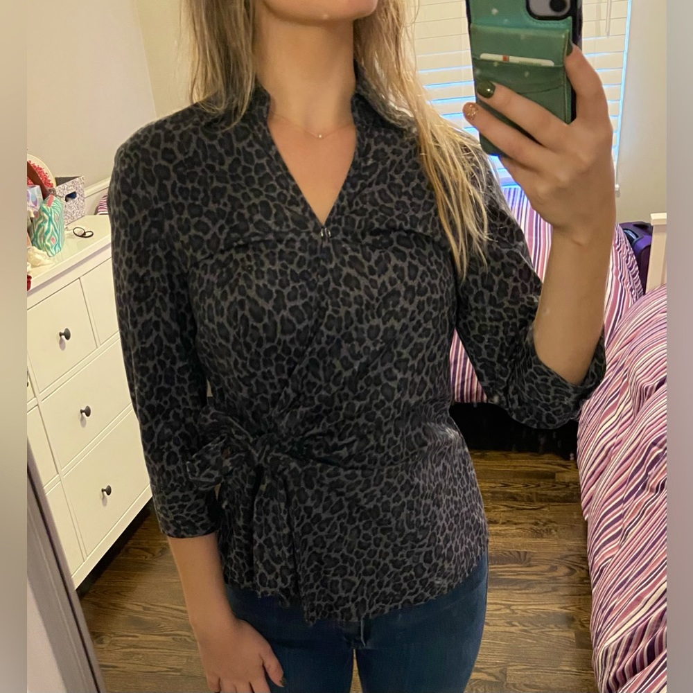 Express Design Studio Black Animal Print Tie Front Blouse